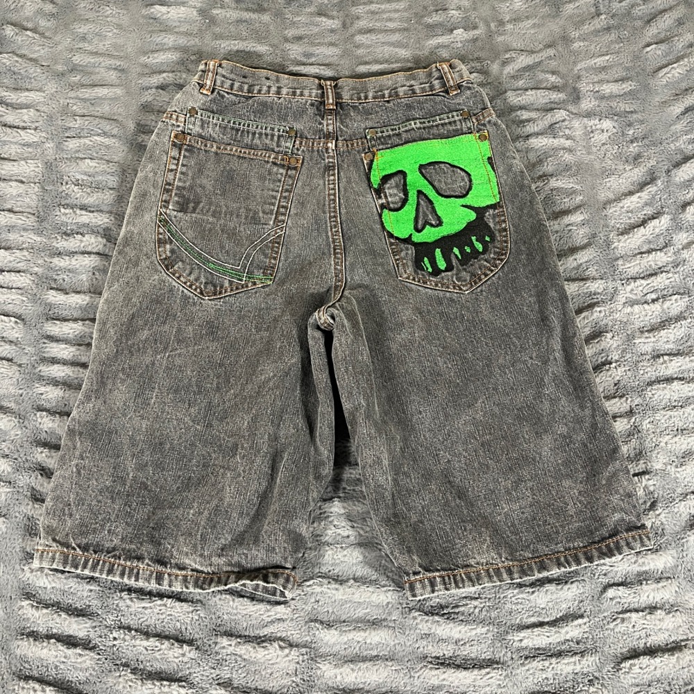 Cotler Streetwear Kids 16 Baggy Denim Shorts Faded Black Green Skull Graphic Y2K